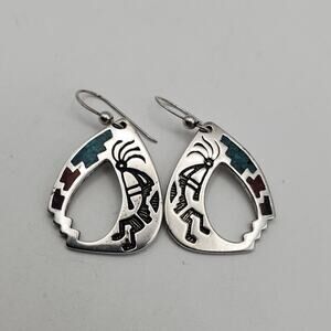 Vintage Sterling Silver Shubes Dakota Kokopelli Inlay Earrings